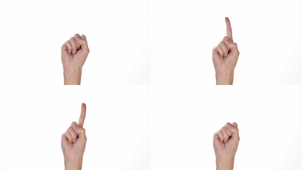 一个人在孤立的白色背景上的手显示出一根否认的手指。插入文本或背景的地方。白色背景上一个人的手的情绪。