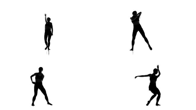 白色背景上的黑色剪影，现代芭蕾舞剧，当代舞蹈，慢动作