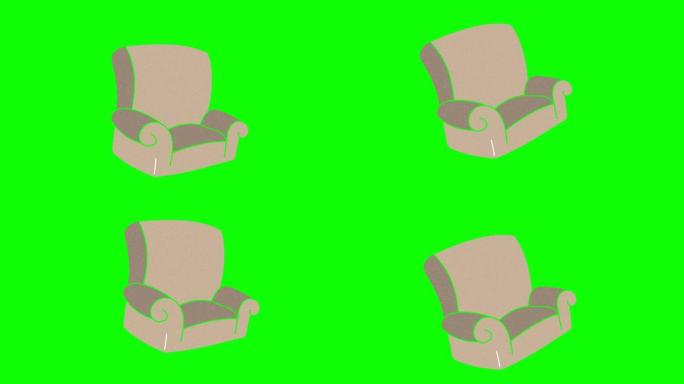 沙发手绘绿色屏幕。浮动循环动画