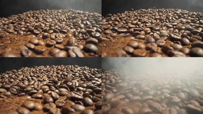 黑色背景下掉落的烤咖啡豆的特写镜头