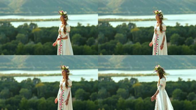 乌克兰妇女穿着美丽的衣服，刺绣和头上的花环，用手，民间传说唱着大自然的歌曲和手势。斯拉夫民族的传统和