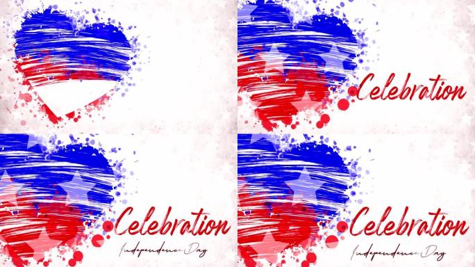 动画。彩绘，蓝红色的心，星星，红色刻字庆祝活动，独立日，白色背景。美国国家假日横幅、贺卡、邀请函、海