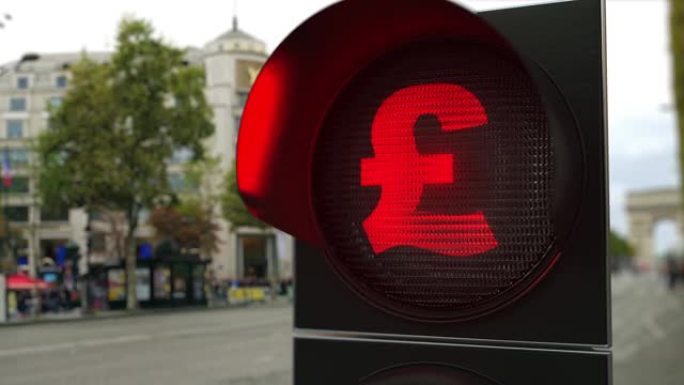 红色交通信号灯上的英镑标志。外汇相关概念3D动画