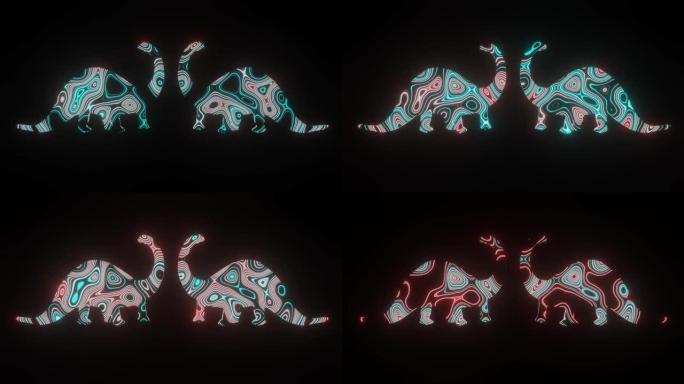 在两只大型恐龙的身体形状上形成美丽纹理的4k视频动画，孤立在黑色背景上。恐龙上的3d渲染抽象循环动画