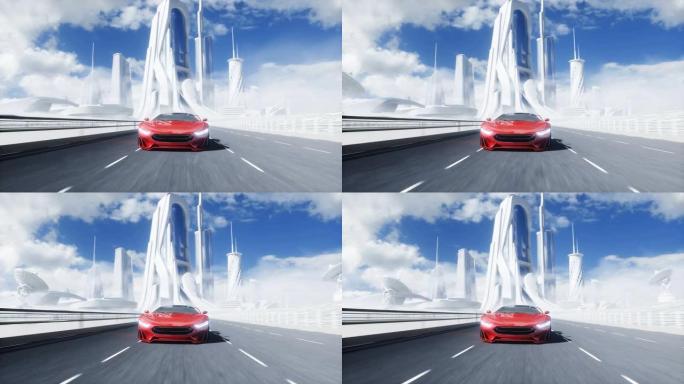 高速公路上未来派红色电动汽车的3d模型。非常快的驾驶。未来概念。逼真的4k动画。