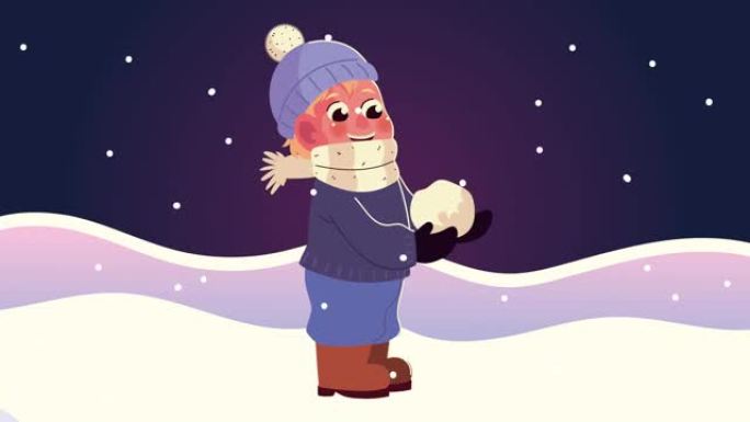 穿着冬装的小男孩在雪景夜景中玩雪球