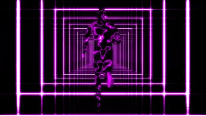 带紫色灯光的3D抽象背景隧道中的循环跑步人