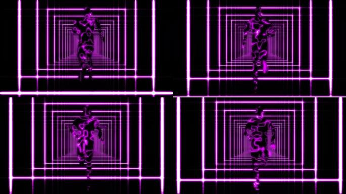 带紫色灯光的3D抽象背景隧道中的循环跑步人