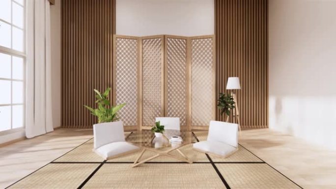 房间日本禅宗风格，最小设计。3D渲染