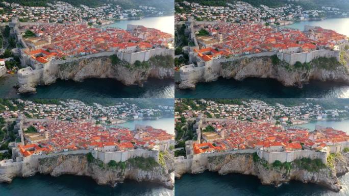 空中无人机电影《杜布罗夫尼克老城的日出场景》在地中海，克罗地亚南部。杜布罗夫尼克加入联合国教科文组织