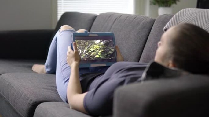 女人用平板电脑观看视频。在线电影流服务。流式传输电视节目的点播视频或剧集。