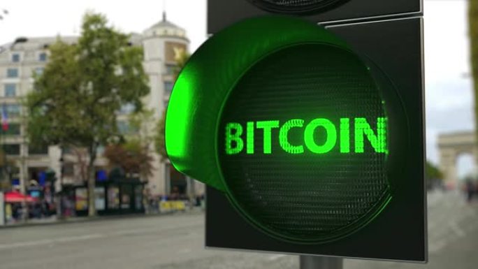绿色交通信号灯上的比特币字。加密货币相关概念3D动画