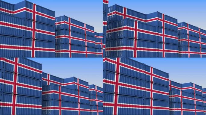装满冰岛国旗集装箱的集装箱码头。冰岛出口或进口相关可循环3D动画