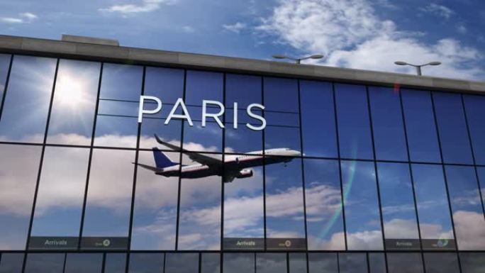 飞机降落在法国巴黎，反映在航站楼