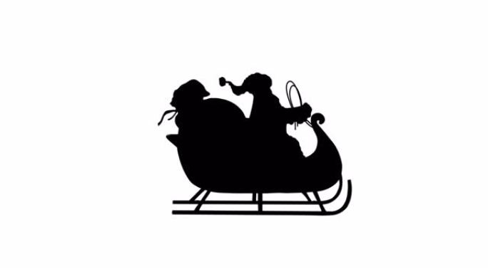 白色背景雪橇上圣诞老人的黑色剪影动画