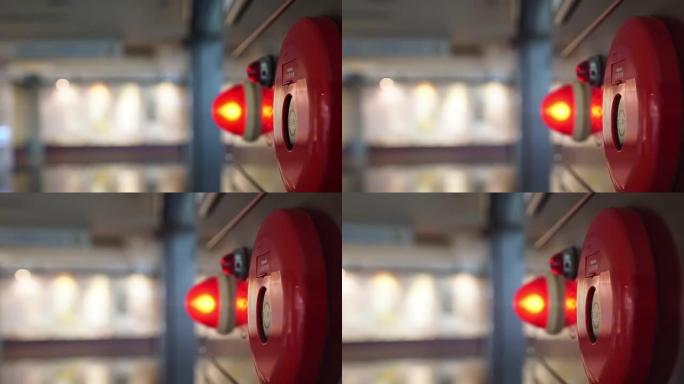 公共场所的消防栓和烟雾报警器。光之动画。光的频率从慢到快闪烁。卡车从左到右开枪。