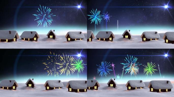 冬季景观中多个被雪覆盖的房屋的数字动画，以防烟花爆炸