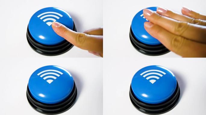 女人通过按下蓝色闪亮按钮打开wi-fi。快速无线网络连接的概念。在wi-fi区使用免费互联网。带有波