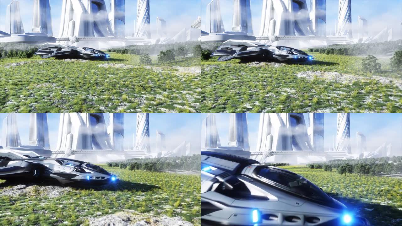 未来主义的船和科幻城市。未来概念。鸟瞰图。3d渲染。