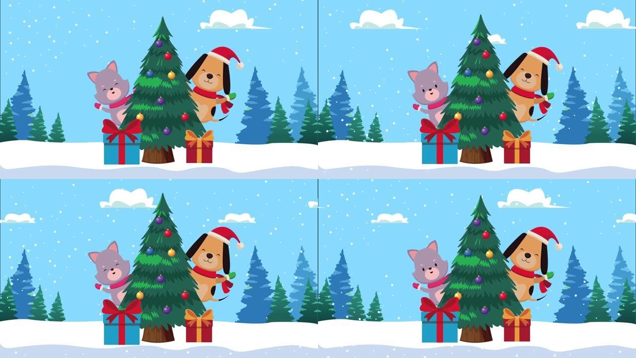 快乐圣诞快乐动画与狗和猫在松树