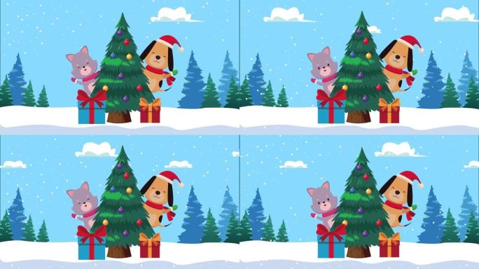 快乐圣诞快乐动画与狗和猫在松树