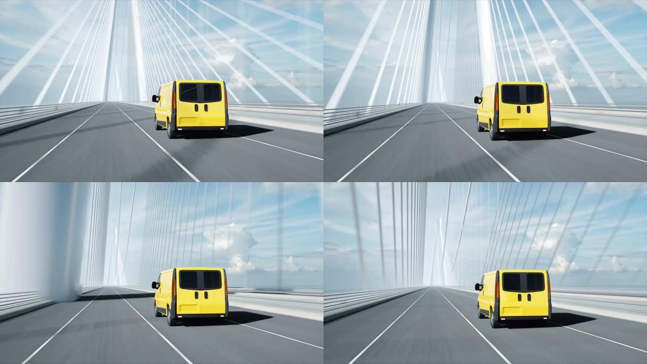 桥上送货车的3d模型。非常快的驾驶。4k动画。
