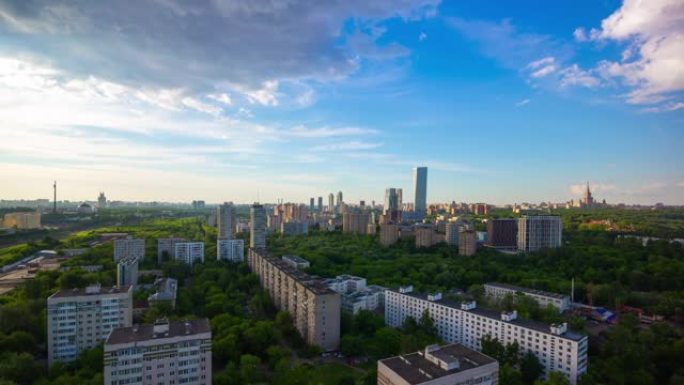 俄罗斯夏季莫斯科城市生活街区屋顶空中全景4k延时