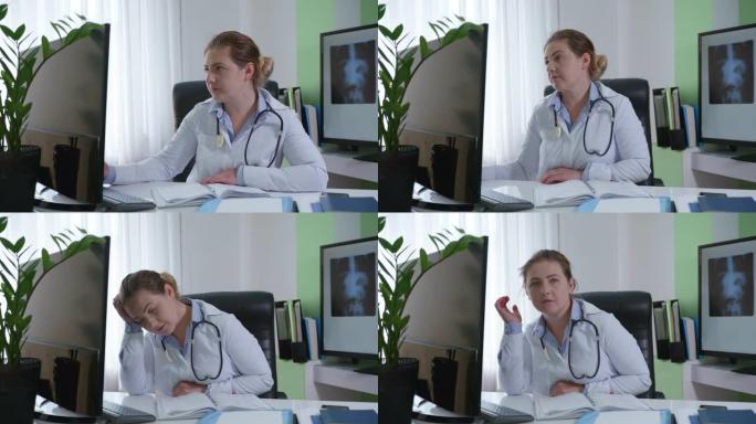 不健康的女医生坐在医务室桌边时因病毒疾病或感染而感到不适，大流行
