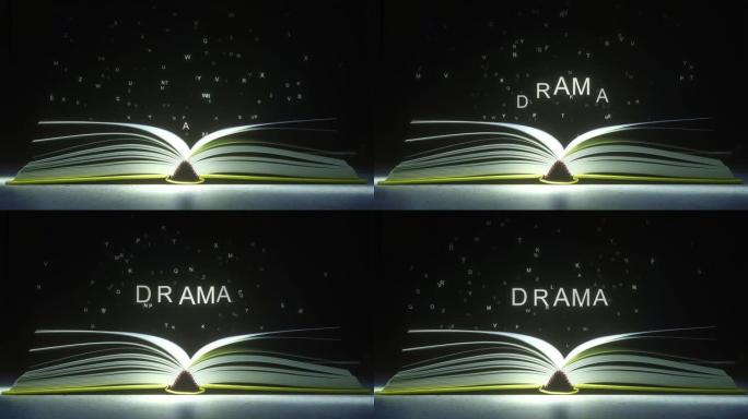 字母从打开的书页上飞出，形成戏剧文本。3D动画