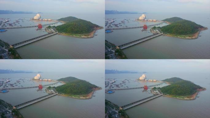 日落珠海市著名海滩海湾歌剧院岛公园空中全景4k中国