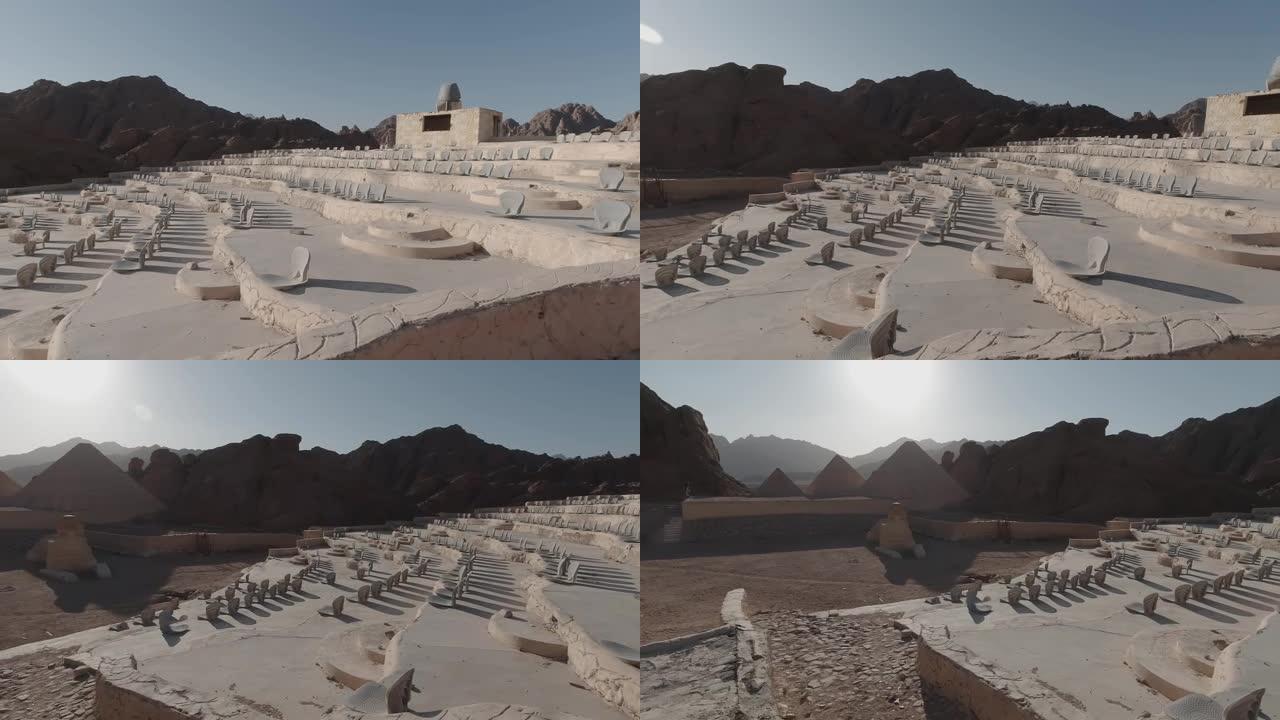 埃及，沙姆沙伊赫-02-10-2020: 俯瞰贝都因人村狮身人面像和金字塔的圆形剧场