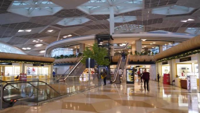 巴库市国际机场主现代大厅内部慢动作全景4k阿塞拜疆