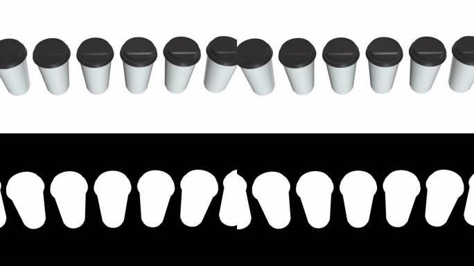一次性咖啡杯。一排带塑料帽的空白纸杯。
