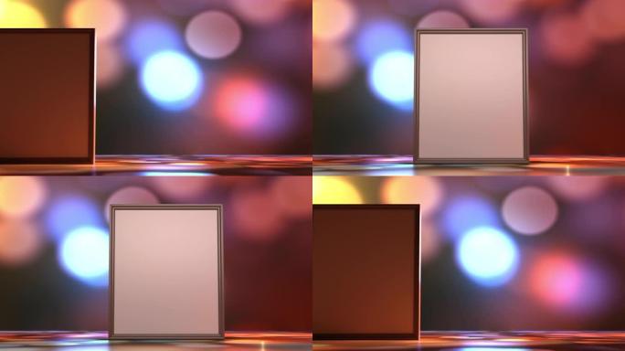 相机在两个帧之间平移，并用空白画布将文本设置在桌子上，在黑格背景下的彩色光线中。模拟