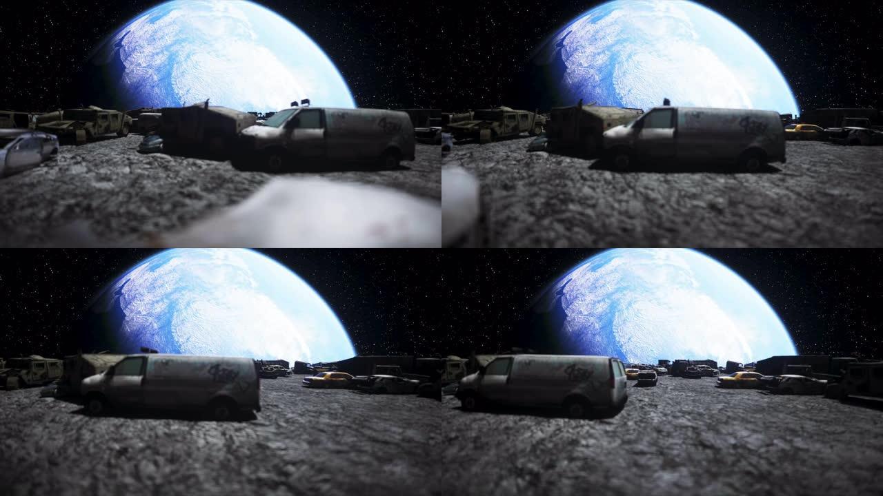 月球上的汽车倾倒。生态学概念。3d渲染。