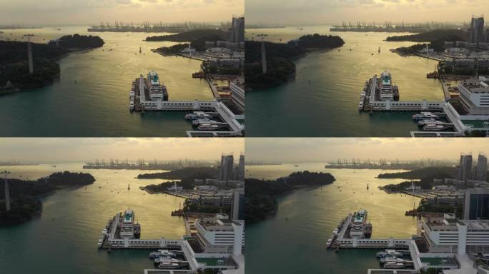 日落天空新加坡城市著名邮轮码头圣淘沙岛缆车公路港口景观空中全景4k