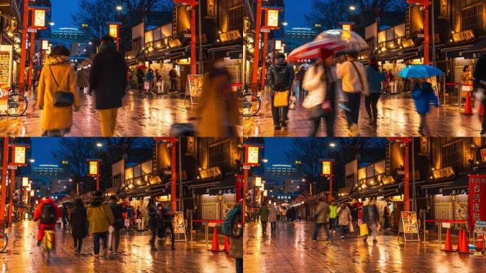 4k延时: 夜间在日本东京浅草浅松寺附近的中濑市场，行人拥挤的人群和游客购物的权利