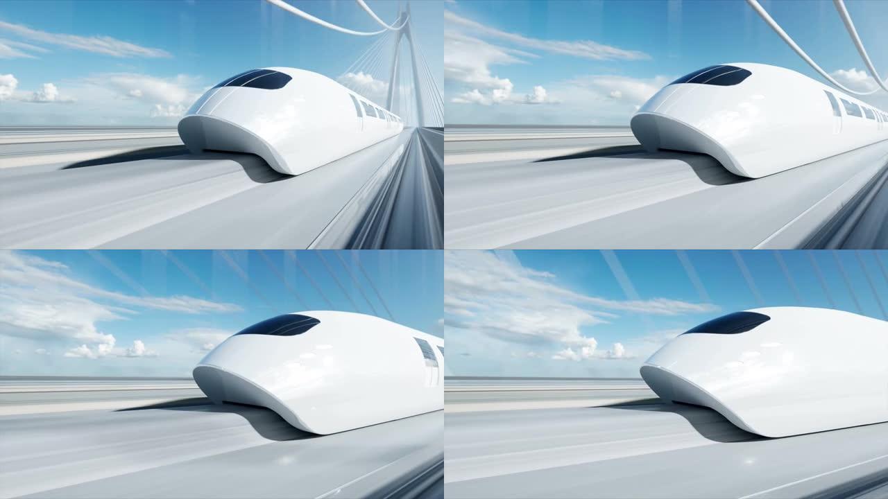 桥上未来派旅客列车的3d模型。非常快的驾驶。未来概念。逼真的4k动画。