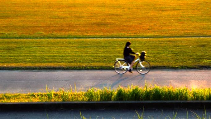 自行车经过。一辆白色的车金黄色的夕阳