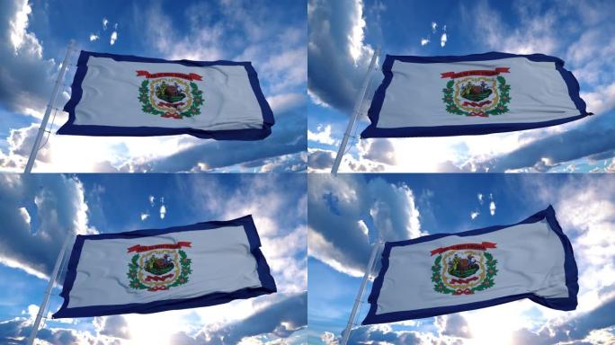 西弗吉尼亚州的旗杆在风中飘扬，背景是蓝天。4 k