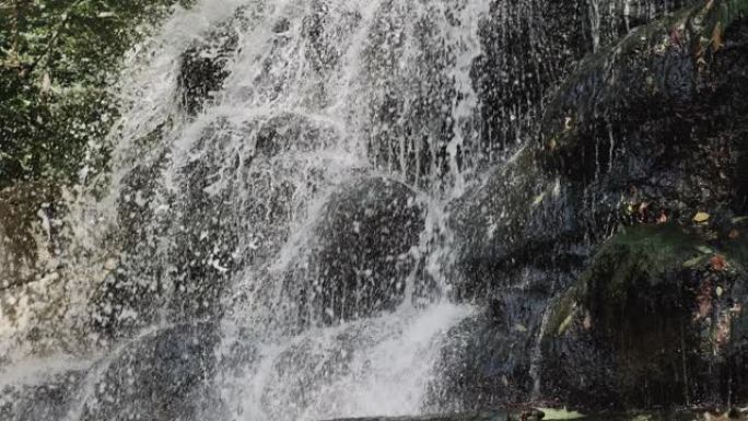 山瀑布从石头上流下，越过森林中的岩石，一条美丽的小溪，水从瀑布上溅落到地面。