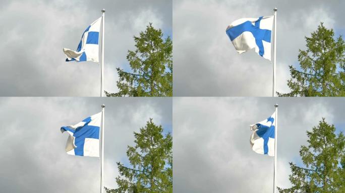 高高的旗杆上飘扬的芬兰国旗