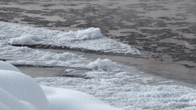 冰冻的河流。半水半冰，漂浮在冰冷的河床
