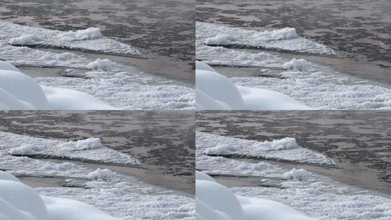 冰冻的河流。半水半冰，漂浮在冰冷的河床
