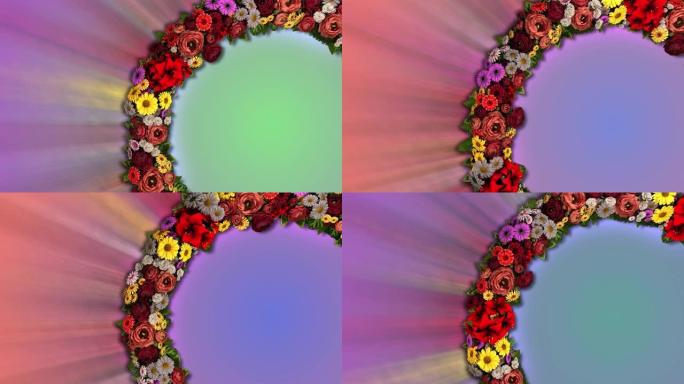 旋转的花朵发出五彩光芒的动画。视频循环