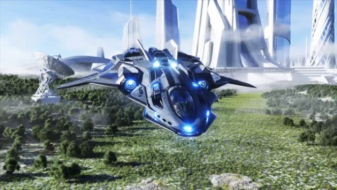 未来的飞船在科幻城市开始。未来概念。鸟瞰图。3d渲染。