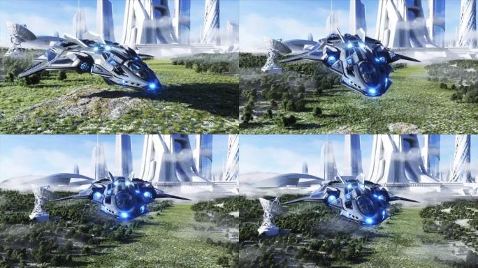 未来的飞船在科幻城市开始。未来概念。鸟瞰图。3d渲染。