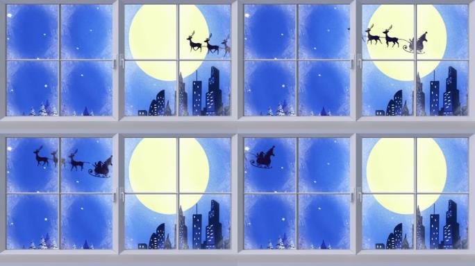 雪橇中圣诞老人剪影窗框的数字动画