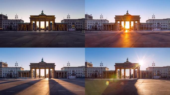 德国柏林，勃兰登堡门 (brandenburg gate) 夜间到白天的时间流逝，早晨的交通