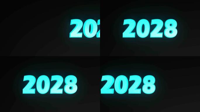 黑色背景上的2028蓝色书写-3D渲染视频剪辑